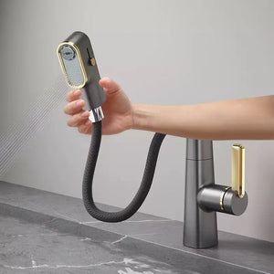 AGSIVO Brass Temperature Digital Display Bathroom Sink Faucet with Pull Out Sprayer / Liftable Rotating Spout / 3 Water Flow Modes / Single Hole one Handle Basin Mixer Tap