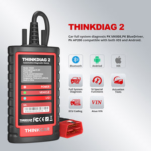 THINKCAR THINKDIAG 2 OBD2 Code Reader Scanner Full System 16 Resets Function CAN FD Protocol ECU Coding ACTIVE TEST with All Software 1 Year Free Update for Android/IOS