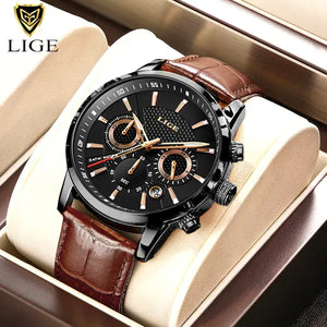 2023 New Mens Watches LIGE Top Brand Luxury Leather Casual Quartz