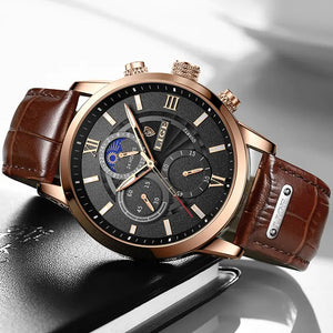 2023 New Mens Watches LIGE Top Brand Luxury Leather Casual Quartz