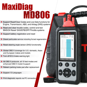 [EU Direct] Autel MaxiDiag MD806 Full System Diagnoses OBD2 Car Automotive Scanner Tool 4 Systems Diagnosis 7 Most Special Reset Services